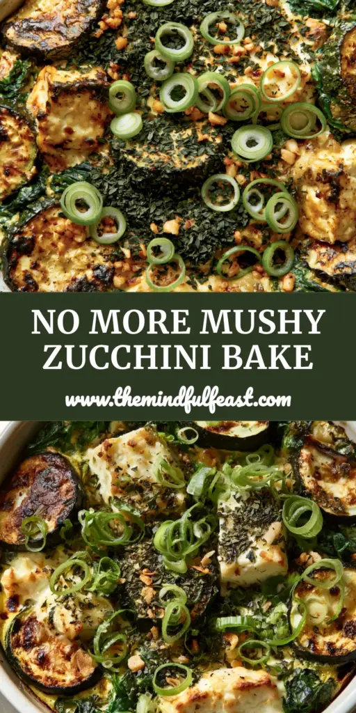 Baked Zucchini Spinach Feta Casserole with Mediterranean Herbs 3 A rustic white ceramic dish containing Baked Zucchini Spinach Feta Casserole with charred zucchini edges, melted feta chunks, and green onion garnish.