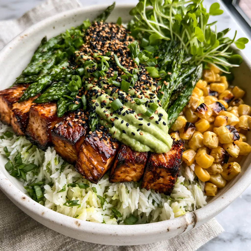 Healthy Dinner Ideas: Honey-Garlic Salmon Bowls with Lemon-Cilantro Rice 2 45-degree angle shot of a ceramic bowl overflowing with seared salmon, rice, and charred corn. (Healthy dinner ideas)