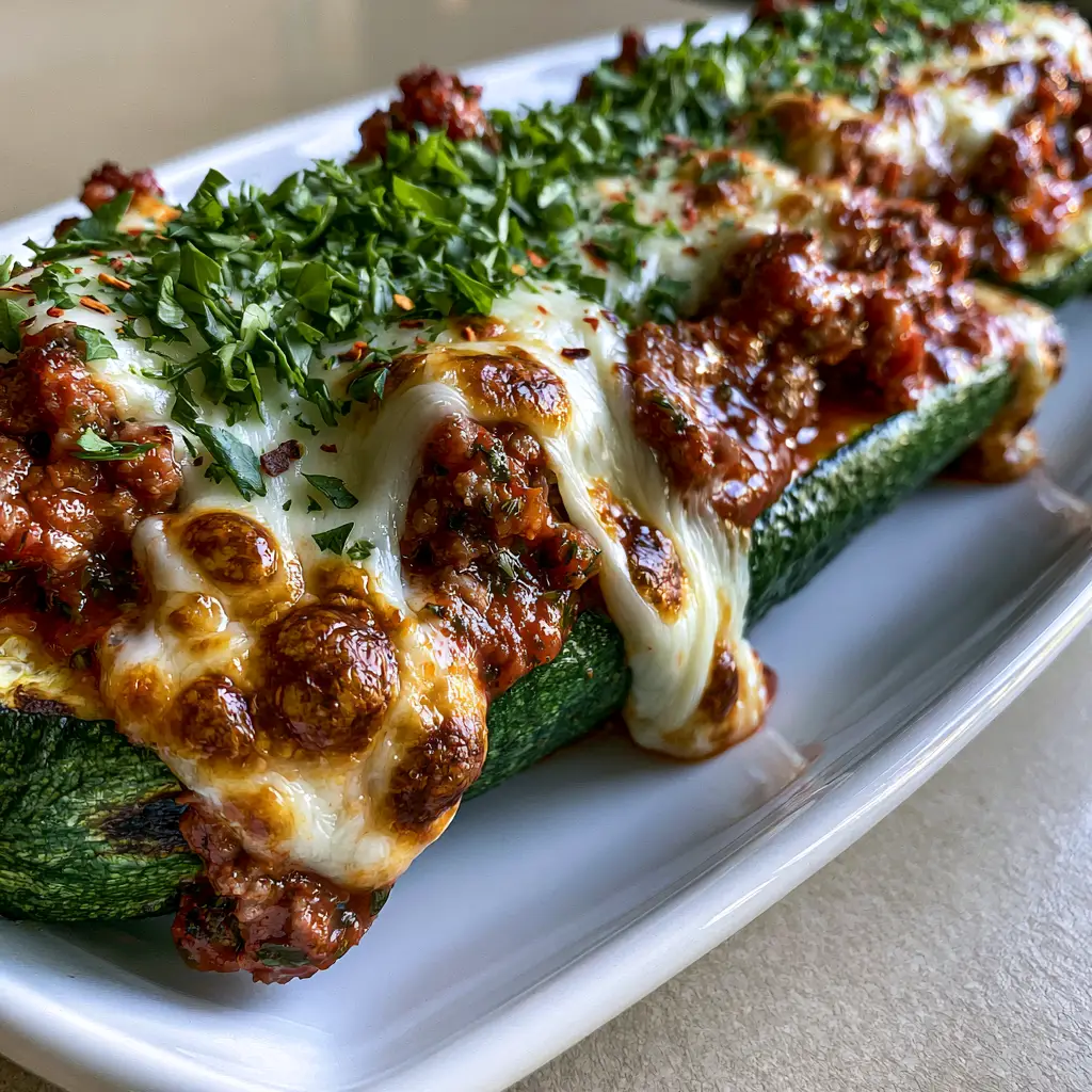 Stuffed Zucchini Recipe with Bubbly Mozzarella and Herb-Infused Beef 2 Extreme close up of roasted zucchini boats with forest green skin and char marks, topped with beef and parsley. (stuffed zucchini recipe)