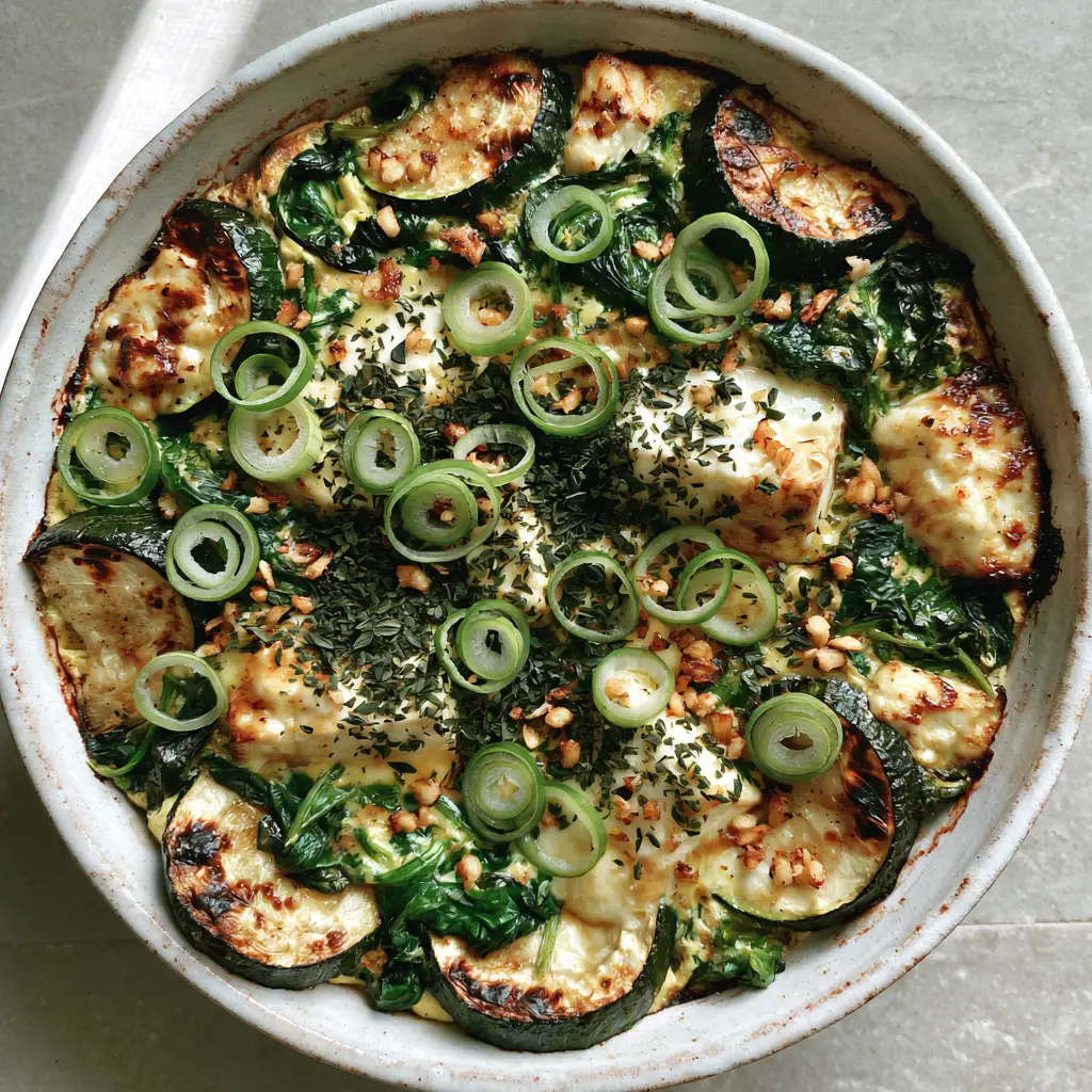 Baked Zucchini Spinach Feta Casserole with Mediterranean Herbs 2 Top-down view of a Baked Zucchini Spinach Feta Casserole showing roasted semi-circles and toasted garlic bits.