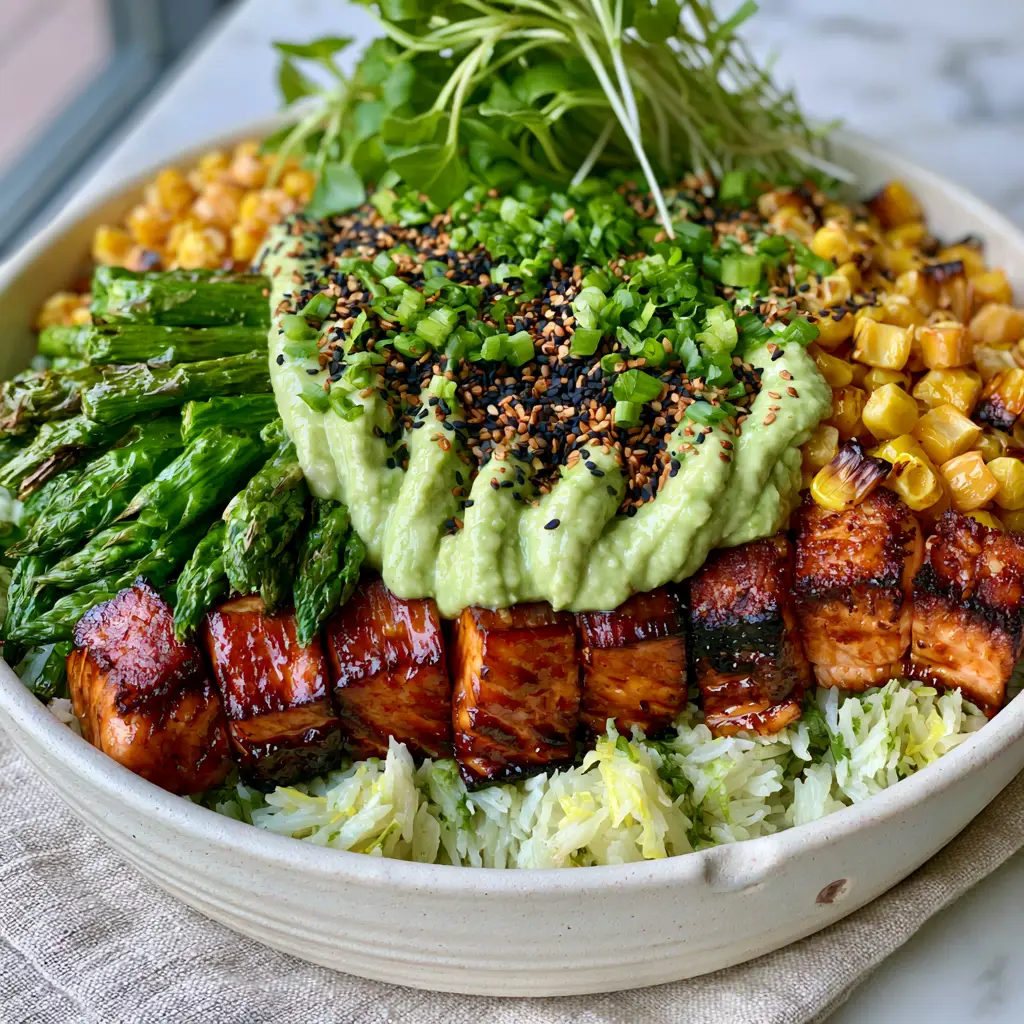 Healthy Dinner Ideas: Honey-Garlic Salmon Bowls with Lemon-Cilantro Rice 1 Vibrant green asparagus and charred corn arranged neatly in a healthy dinner bowl.