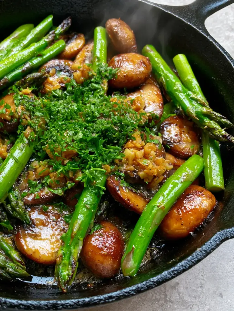 Sauteed Asparagus and Mushrooms: The Ultimate Skillet Side Dish 2 Close-up of seared cremini mushrooms and charred emerald asparagus with golden garlic. (sauteed asparagus and mushrooms)