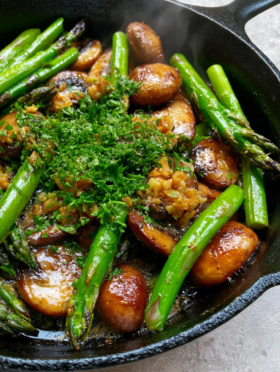 Sauteed Asparagus and Mushrooms: The Ultimate Skillet Side Dish 3 Close-up of seared cremini mushrooms and charred emerald asparagus with golden garlic. (sauteed asparagus and mushrooms)