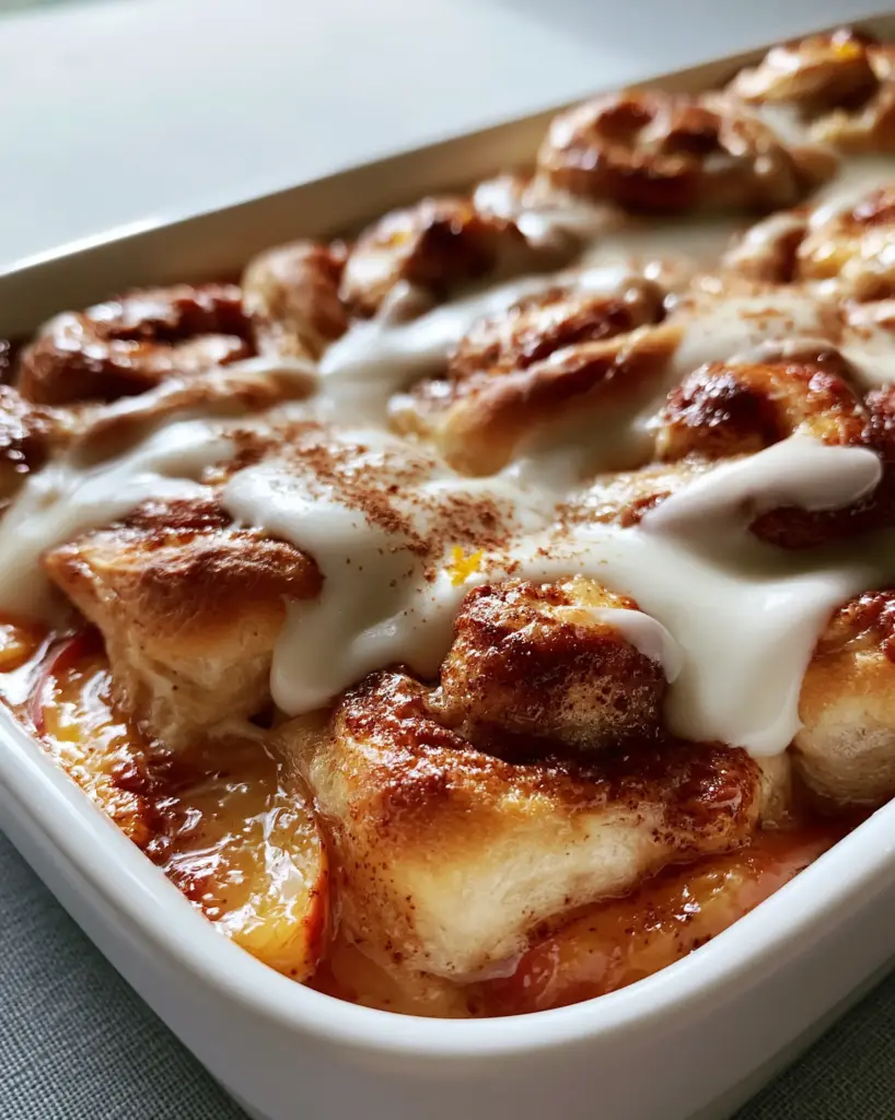 Close up of velvety white cream glaze drizzled over golden cinnamon roll swirls.
