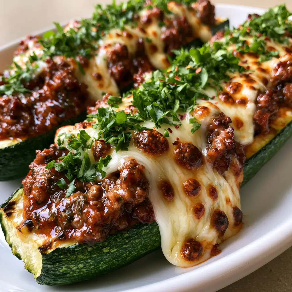 Stuffed Zucchini Recipe with Bubbly Mozzarella and Herb-Infused Beef 1 Dramatic cheese pull from a stuffed zucchini boat with golden bubbly mozzarella spots and red pepper flakes. (stuffed zucchini recipe)