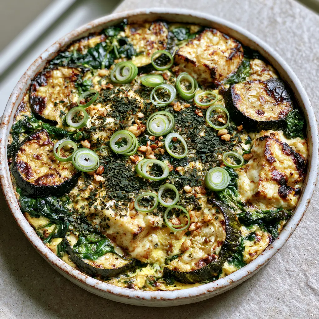 Baked Zucchini Spinach Feta Casserole with Mediterranean Herbs 1 Close-up of melted feta chunks and wilted spinach in a Baked Zucchini Spinach Feta Casserole.