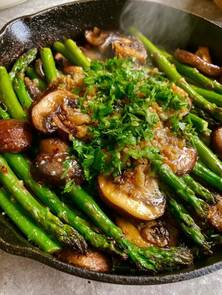 Sauteed Asparagus and Mushrooms: The Ultimate Skillet Side Dish 1 Sautéed vegetables in a cast iron skillet with parsley and cracked black pepper.