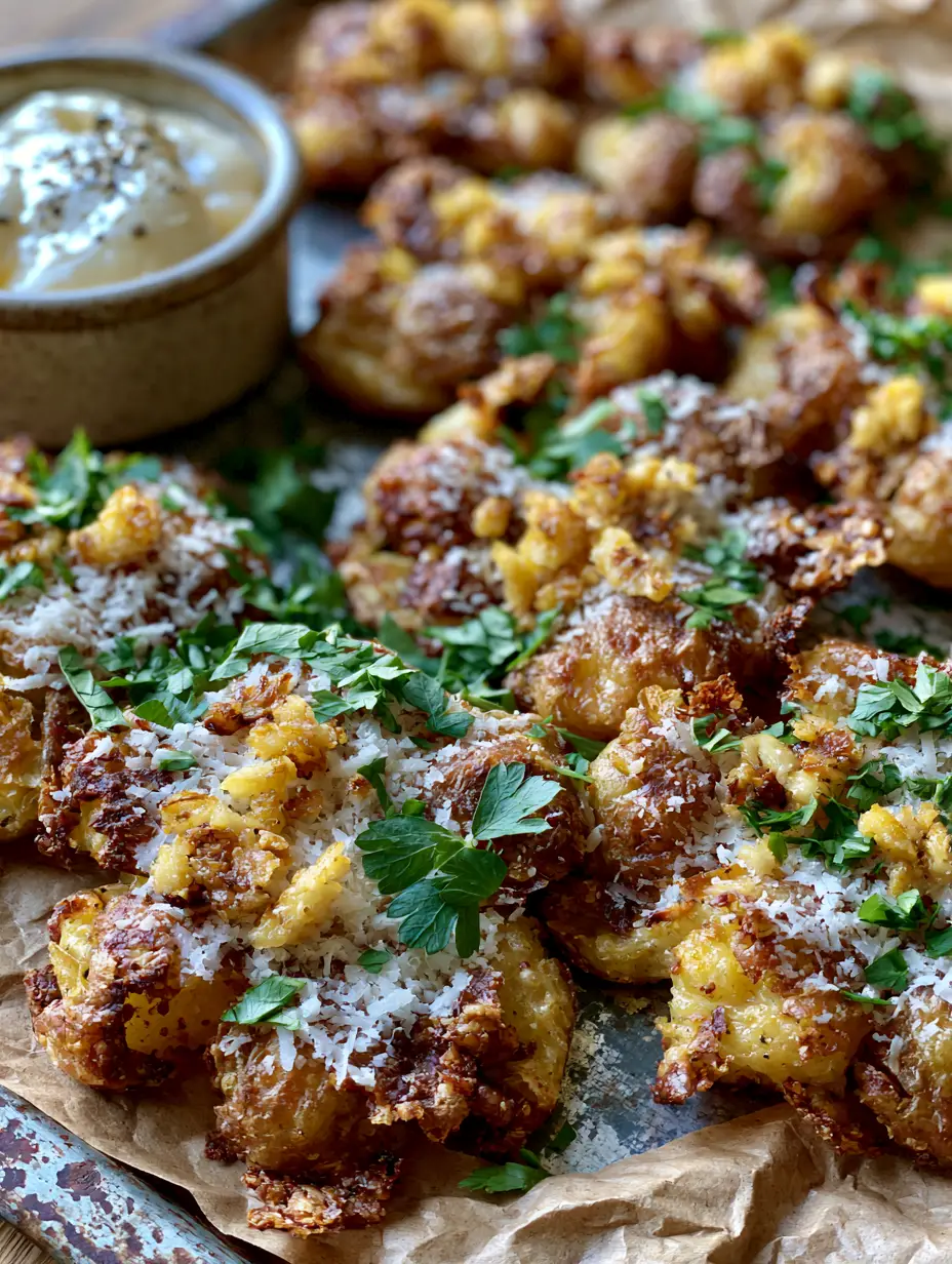 smashed baby potatoes with Ultra-Crispy Shattered Edges and Garlic Aioli 3 Extreme macro close-up of smashed baby potatoes showing shattered edges and toasted garlic bits on crumpled parchment paper.
