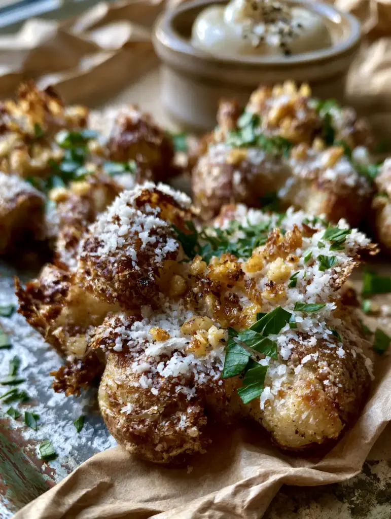 smashed baby potatoes with Ultra-Crispy Shattered Edges and Garlic Aioli 1 A close-up of smashed baby potatoes dusted with microplane parmesan cheese and fresh parsley with a side of garlic aioli.