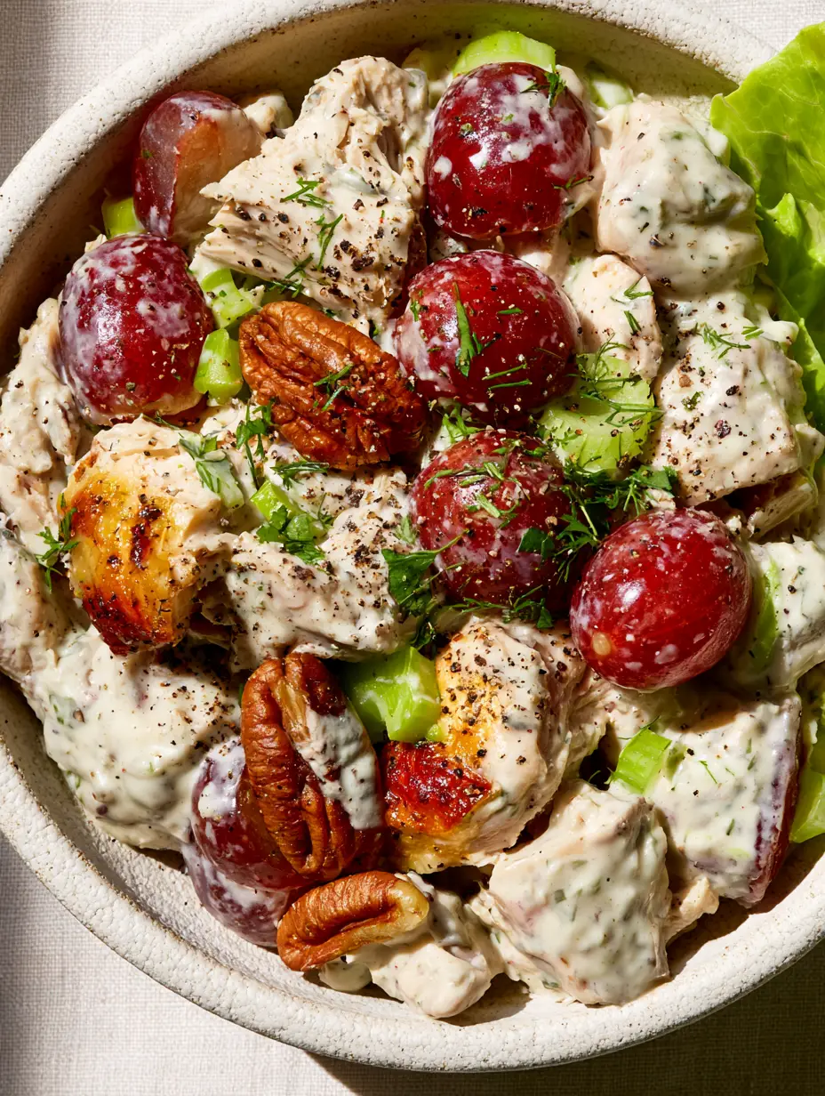 Chicken Salad Recipes: The Ultimate Creamy Rotisserie Chicken Salad with Grapes and Pecans 3 Macro shot of chunky rotisserie chicken salad with velvety herb dressing and crimson grapes. (Chicken Salad Recipes)