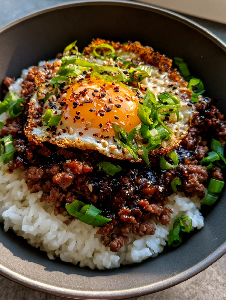 Korean Beef Bowl with Crispy Fried Eggs and Glossy Mahogany Glaze 4 Authentic handheld photography of a Korean beef bowl showing the rich texture of seared beef crumbles and lacy egg edges. (Korean beef bowl)