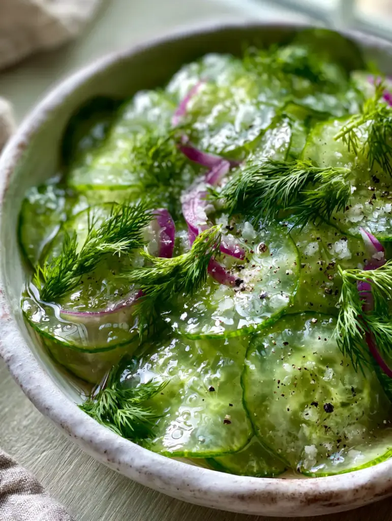 Vinegar Cucumber Salad with Fresh Dill and Slivered Red Onions 2 Close-up of glossy, translucent cucumber slices coated in a clear vinegar dressing. (vinegar cucumber salad)