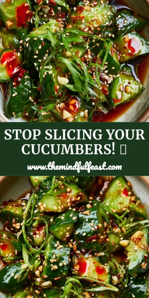 A close-up shot of a rustic bowl filled with smashed Asian cucumber salad, featuring bright red chili oil swirls and toasted sesame seeds. (Asian cucumber salad)
