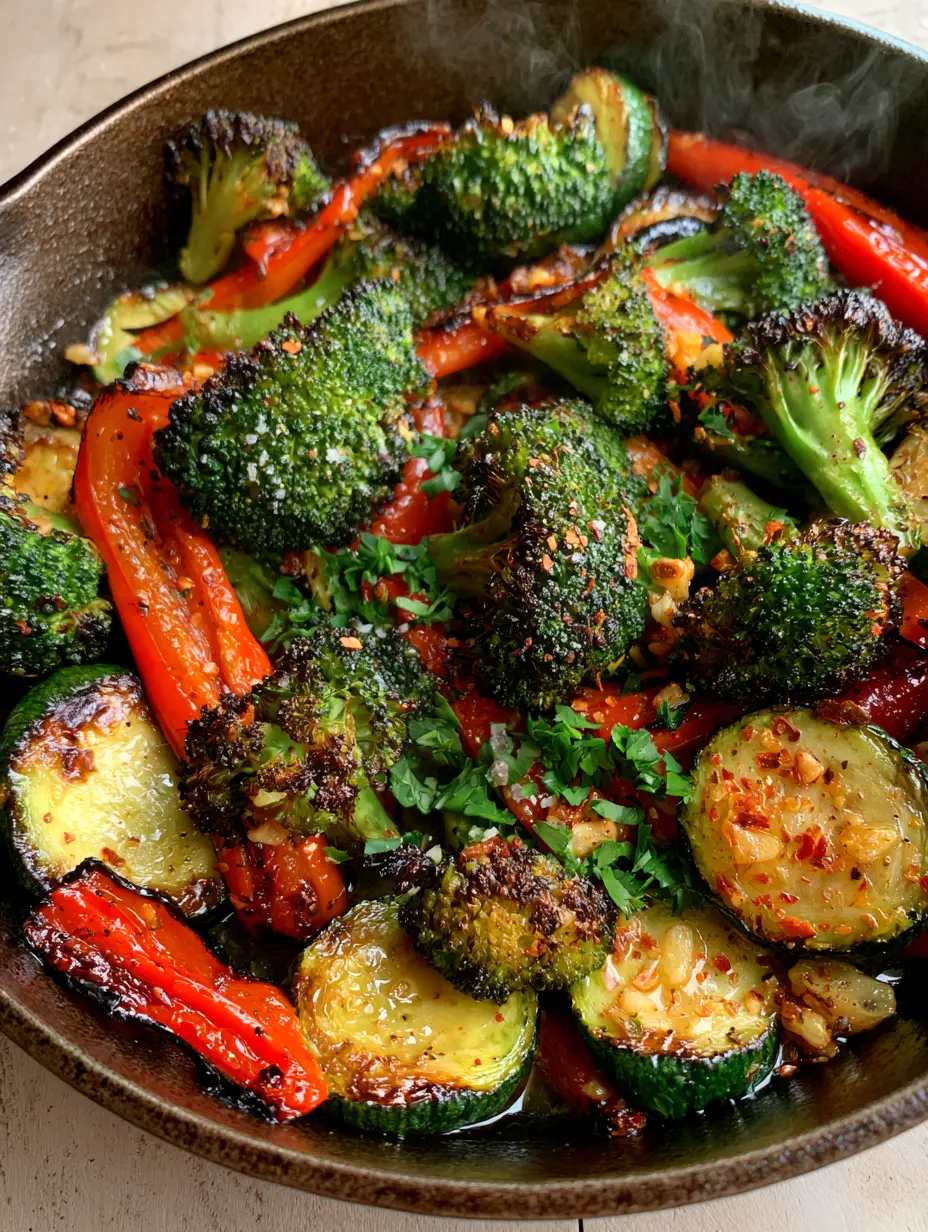 Sautéed Vegetables with Charred Broccoli and Garlic Butter 4 Macro shot of vibrant sautéed vegetables in a cast iron skillet including charred broccoli and toasted garlic bits.
