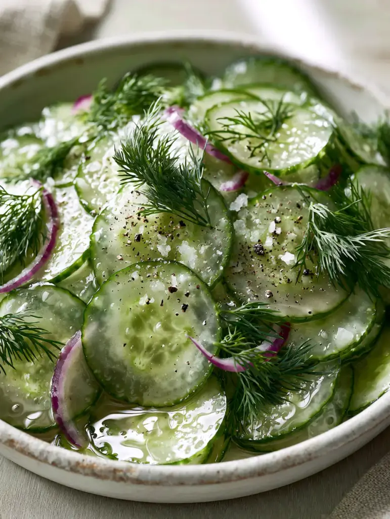 Vinegar Cucumber Salad with Fresh Dill and Slivered Red Onions 1 A rustic white bowl of vinegar cucumber salad on a light oak wooden surface with vibrant green dill.