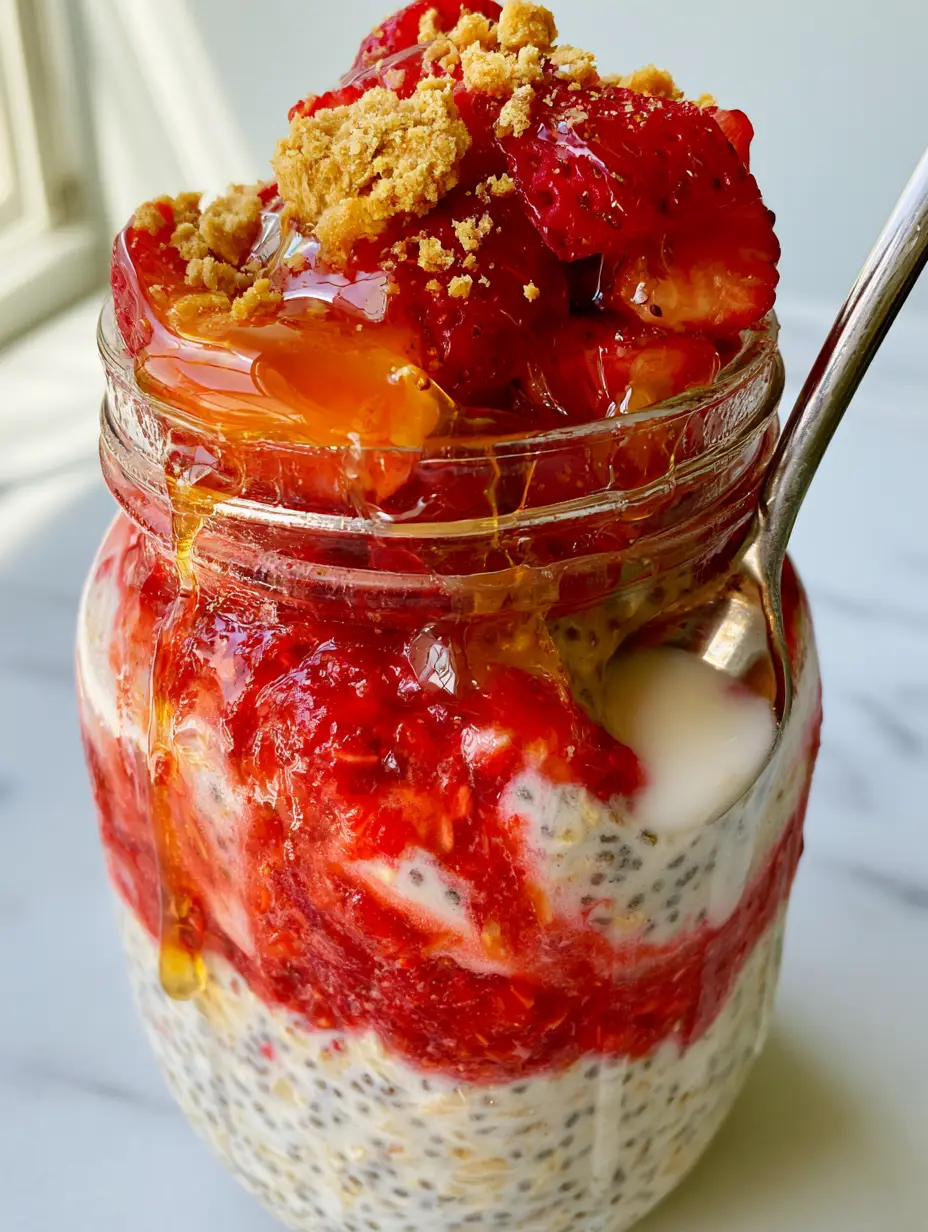 Overnight Oats Recipe: Creamy Strawberry Cheesecake Mason Jars 3 Detailed close-up of a wide-mouth glass jar filled with layered oats, glossy strawberry compote, and almond milk pooling. (overnight oats recipe)