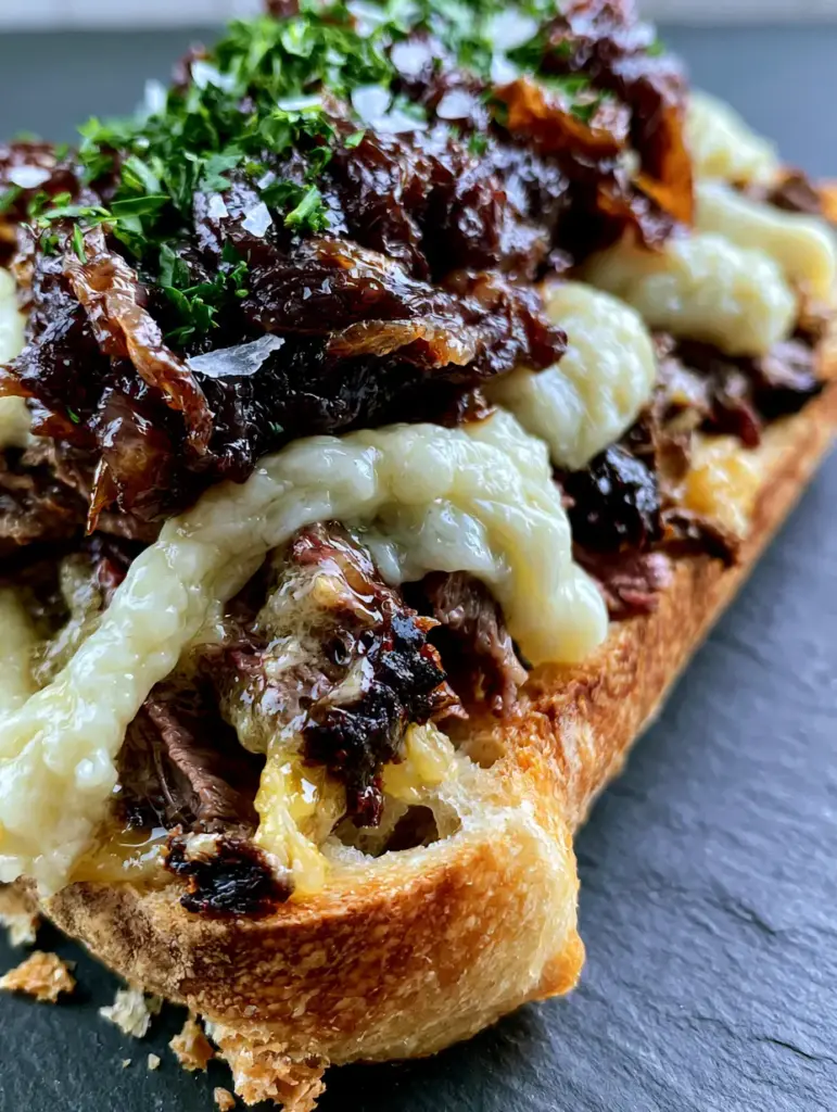 Steak Sandwich Recipe with Garlic Butter and Balsamic Caramelized Onions 2 Macro shot of seared ribeye with dark caramelized edges and glistening yellow garlic butter. (steak sandwich recipe)