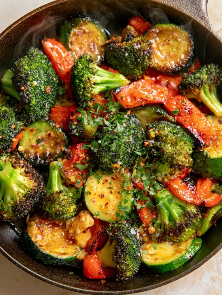Sautéed Vegetables with Charred Broccoli and Garlic Butter 1 Sautéed vegetables in a cast iron pan showing blistered red peppers and fresh parsley garnish.