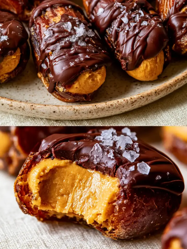 3-Ingredient Snacks: The Ultimate Chocolate Peanut Butter Stuffed Medjool Dates 1 Extreme macro close-up of a stuffed date bitten in half revealing a creamy peanut butter center. (3-ingredient snacks)