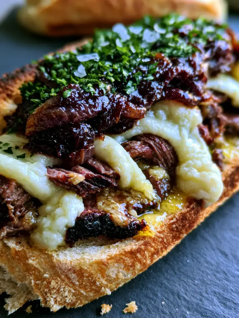 Steak Sandwich Recipe with Garlic Butter and Balsamic Caramelized Onions 1 Thick ribbons of bubbly melted provolone cheese over steak with mahogany balsamic onions. (steak sandwich recipe)