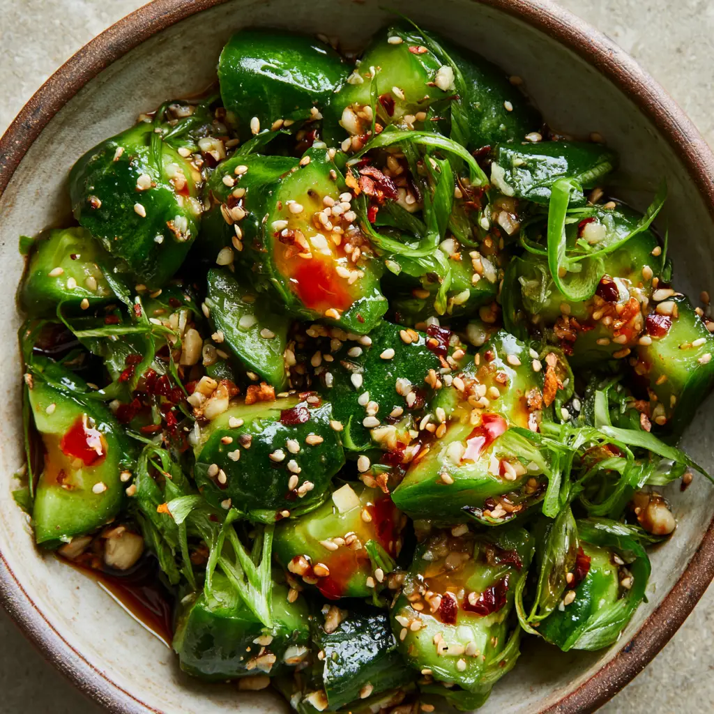 Close-up of translucent cucumber flesh drenched in glossy sesame oil and bright red chili oil swirls. (Asian cucumber salad)