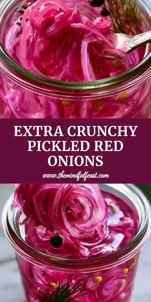 A stainless steel fork lifting vibrant magenta pickled onion rings from a clear Weck jar. (pickling recipes)