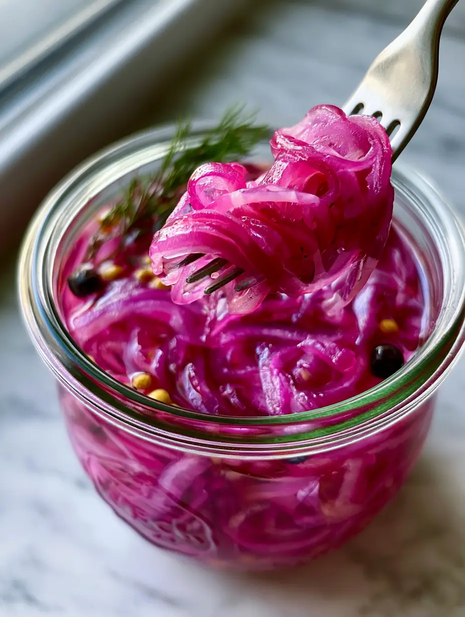 A close-up of a Weck jar filled with magenta onions, peppercorns, and mustard seeds in clear brine. (pickling recipes)