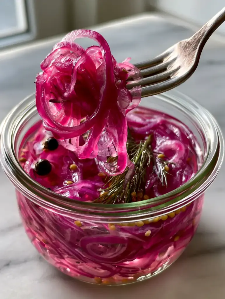 Crisp translucent pink onion rings caught in soft natural morning light on a marble counter. (pickling recipes)