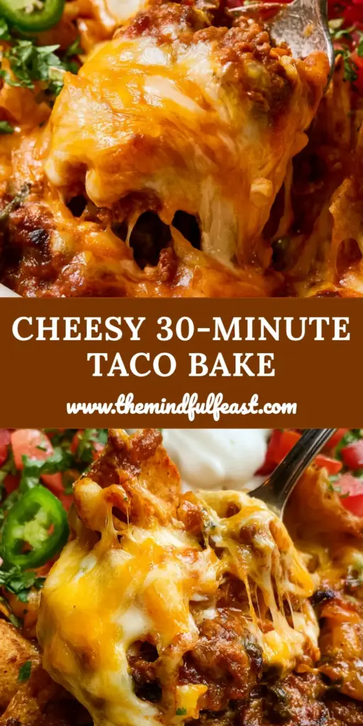 Taco Casserole Recipe: The Ultimate Walking Taco Bake with Stretchy Cheese 4 A close-up of a taco casserole recipe in a white dish with a spoon lifting a scoop of melted cheese and beef. (taco casserole recipe)