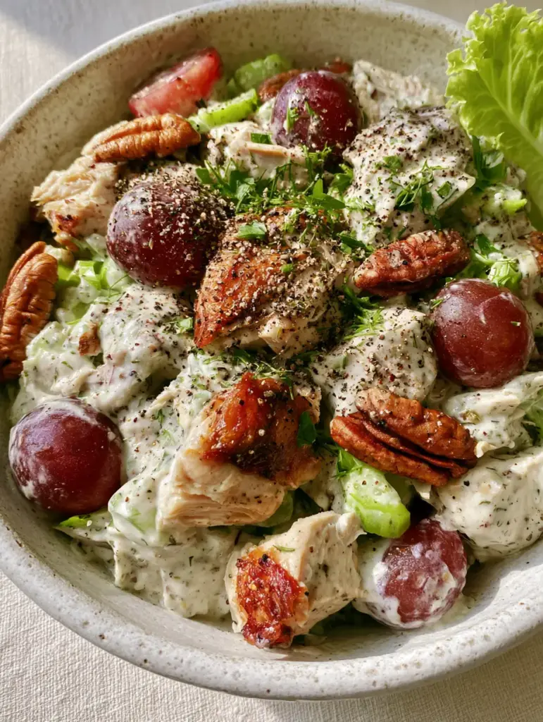 Chicken Salad Recipes: The Ultimate Creamy Rotisserie Chicken Salad with Grapes and Pecans 1 A rustic bowl of chicken salad with toasted pecans and fresh parsley on a linen surface. (Chicken Salad Recipes)
