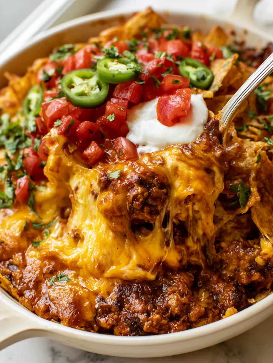 Taco Casserole Recipe: The Ultimate Walking Taco Bake with Stretchy Cheese 3 Macro 45-degree angle of a Walking Taco Casserole showing a thick cheese pull and golden corn chips. (taco casserole recipe)