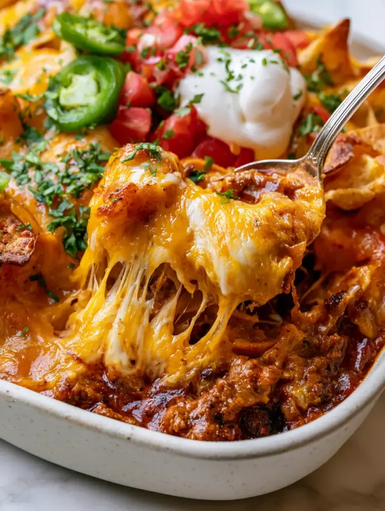 Taco Casserole Recipe: The Ultimate Walking Taco Bake with Stretchy Cheese 1 Top view of a taco casserole with fresh jalapeños, tomatoes, and cilantro garnishes. (taco casserole recipe)