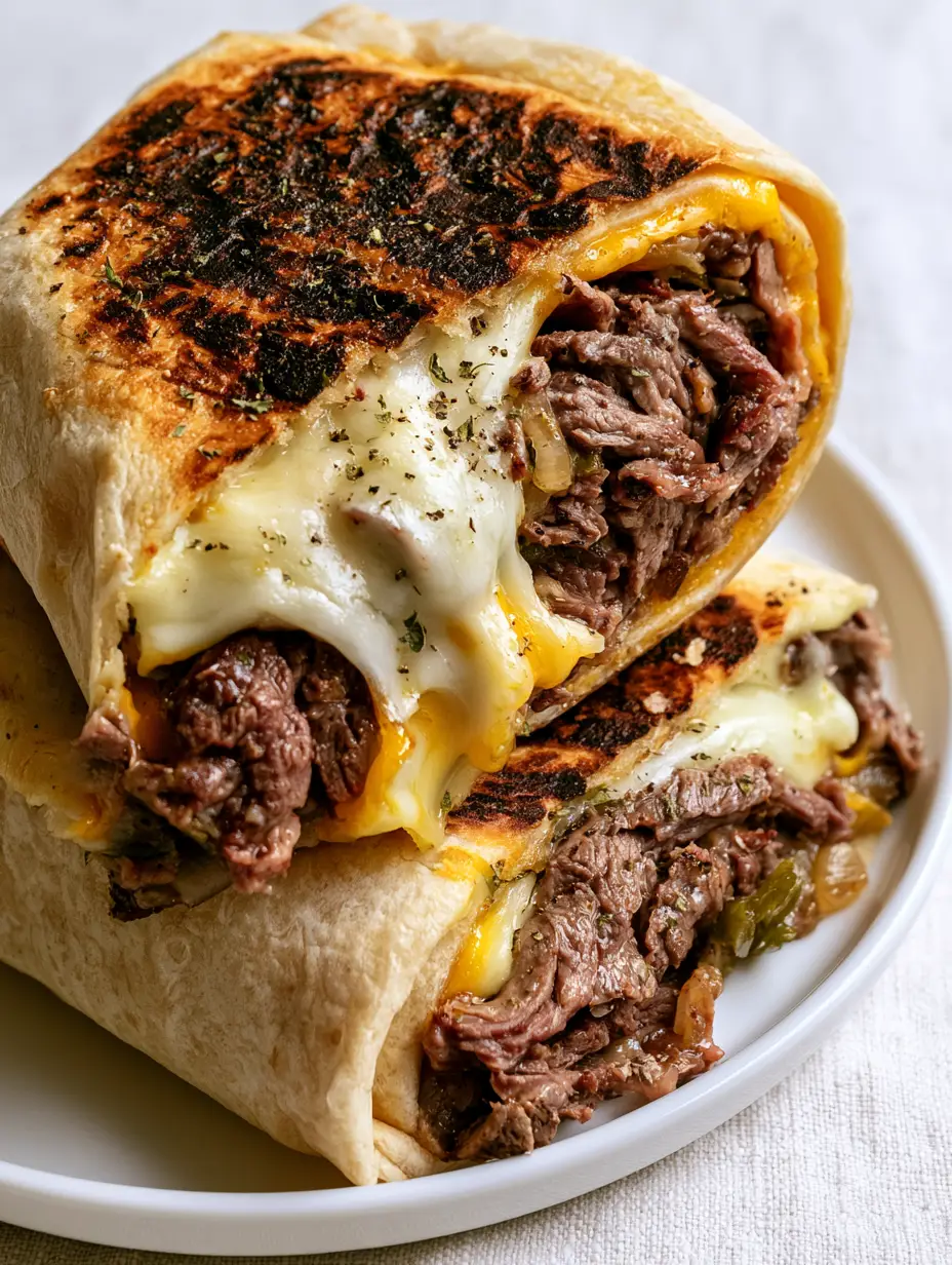 Philly Cheesesteak Grilled Wraps: The Ultimate Melty Steak Burrito 3 Macro shot of sliced philly cheesesteak grilled wraps showing ribeye steak and melted yellow american cheese.
