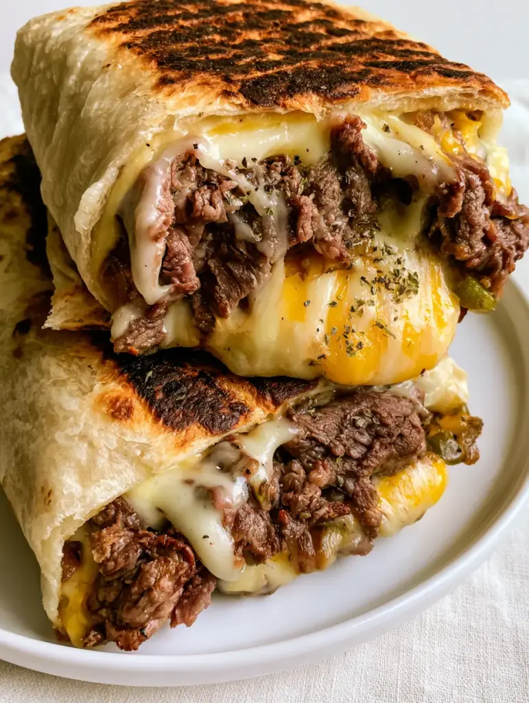 Philly Cheesesteak Grilled Wraps: The Ultimate Melty Steak Burrito 1 Grilled flour tortilla with dark brown toasted char marks filled with philly cheesesteak ingredients.