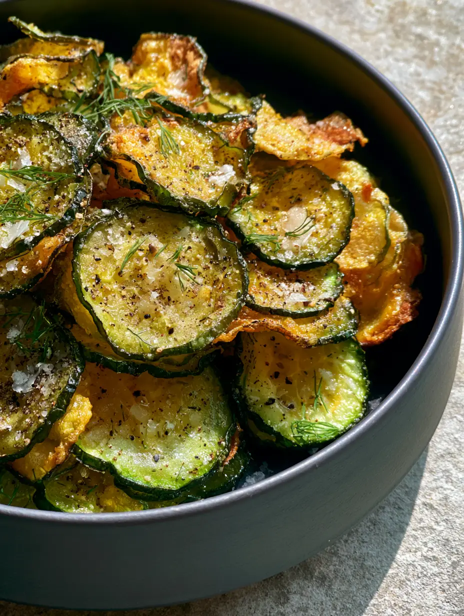 Close-up of oven baked cucumber chips showing crystalline Maldon salt texture and cracked black pepper on curled ridges.