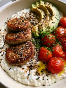 Macro close up of whipped cottage cheese with everything bagel seasoning and micro-chives. (High protein breakfast ideas)