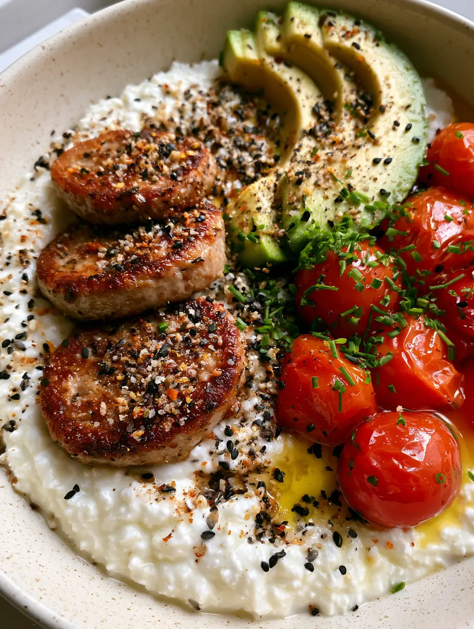 High Protein Breakfast Ideas: Savory Whipped Cottage Cheese Bowl with Seared Turkey Sausage 3 Macro close up of whipped cottage cheese with everything bagel seasoning and micro-chives. (High protein breakfast ideas)