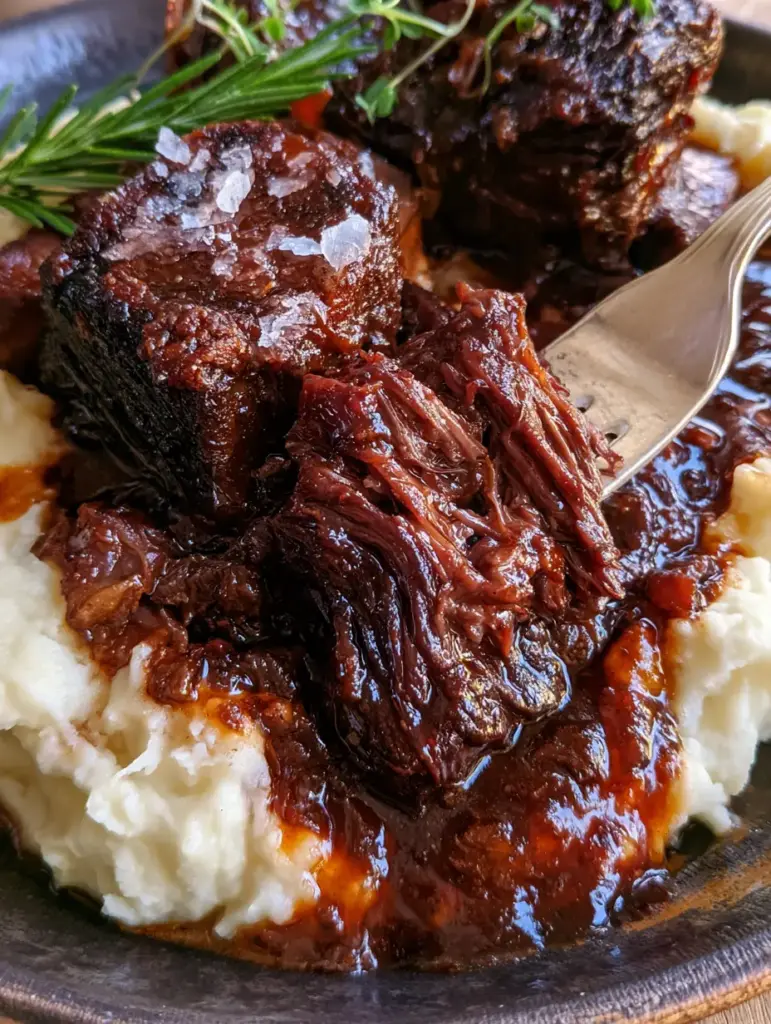 Beef dinner recipes: Slow-Braised Short Ribs with Mahogany Red Wine Reduction 2 Extreme close-up of juicy beef fibers being pulled by a fork with steam wisps. (Beef dinner recipes)