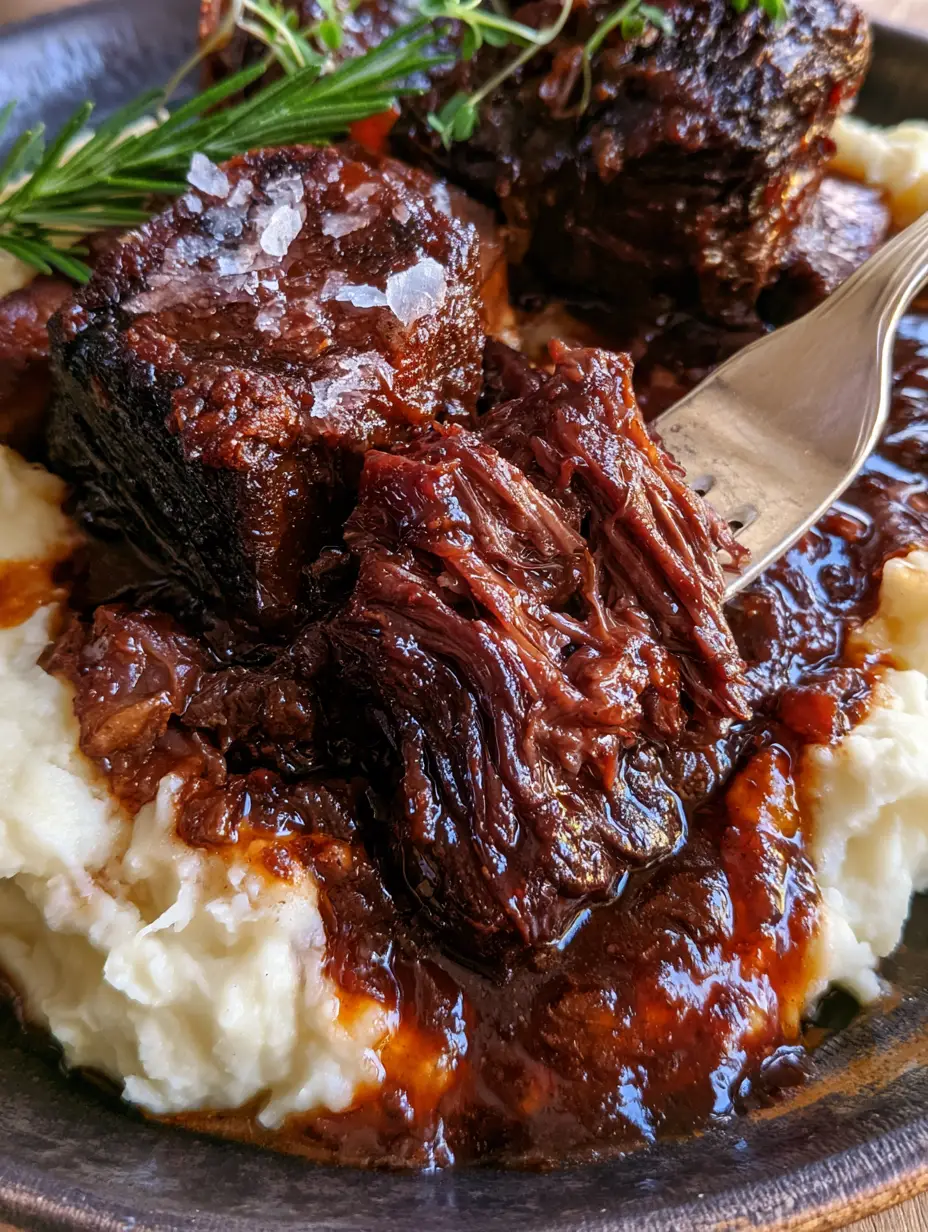 Beef dinner recipes: Slow-Braised Short Ribs with Mahogany Red Wine Reduction 4 Extreme close-up of juicy beef fibers being pulled by a fork with steam wisps. (Beef dinner recipes)
