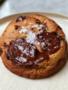 A detailed smartphone photo of a golden brown butter cookie with rippled edges and Valrhona chocolate pools. (chocolate chip cookies kitchen art print)