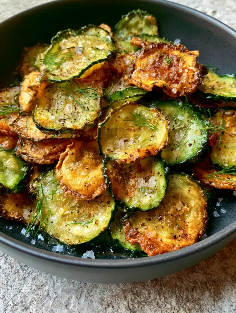 A matte charcoal bowl filled with oven baked cucumber chips, scattered fresh dill sprigs, and glistening droplets of white vinegar.