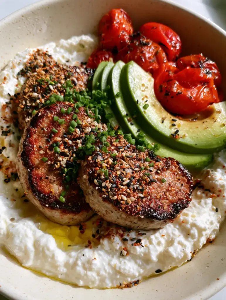 High Protein Breakfast Ideas: Savory Whipped Cottage Cheese Bowl with Seared Turkey Sausage 1 Slices of seared turkey sausage with crispy caramelized edges next to ripe avocado. (High protein breakfast ideas)