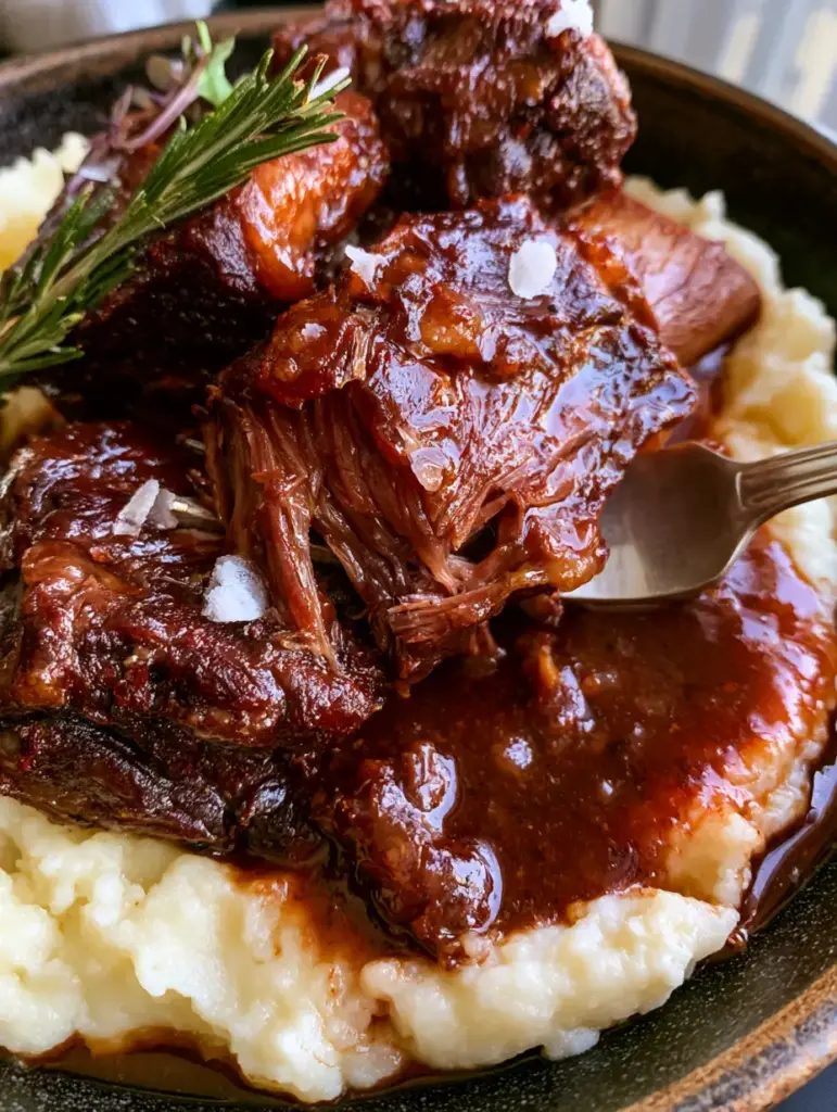 Beef dinner recipes: Slow-Braised Short Ribs with Mahogany Red Wine Reduction 1 Glossy mahogany red wine reduction coating a seared short rib garnished with rosemary.