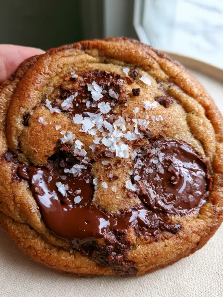 Chocolate chip cookies kitchen art print: The Ultimate Brown Butter & Dark Chocolate Recipe 1 Side-lit photo of a gourmet chocolate chip cookie resting on white linen with a minimalist kitchen background.