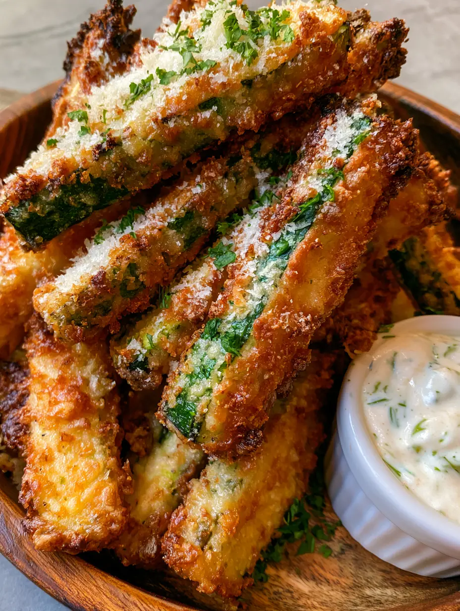 Parmesan Zucchini Fries with Creamy Garlic Dill Ranch 3 Jagged golden-brown crust of toasted parmesan and breadcrumbs on zucchini spears. (parmesan zucchini fries)