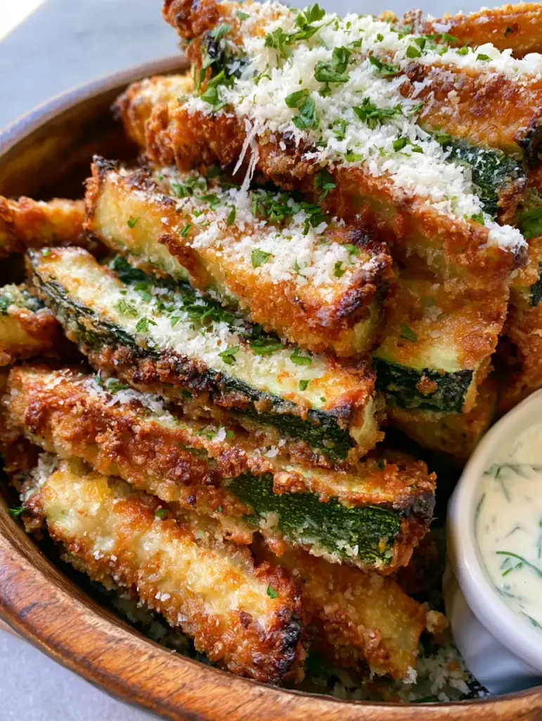 Parmesan Zucchini Fries with Creamy Garlic Dill Ranch 1 A close-up of blistered zucchini skin and thick garlic ranch dipping sauce with green dill specks.