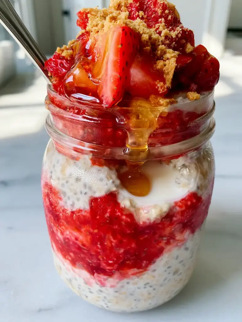 Overnight Oats Recipe: Creamy Strawberry Cheesecake Mason Jars 1 Overhead view of fresh sliced strawberries and honey drizzle atop a jar of overnight oats on a marble countertop. (overnight oats recipe)