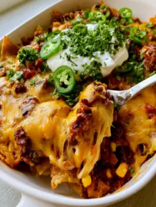 A smartphone photo showing a silver spoon lifting a portion of Vegetarian Taco Casserole with stretchy Monterey Jack cheese.