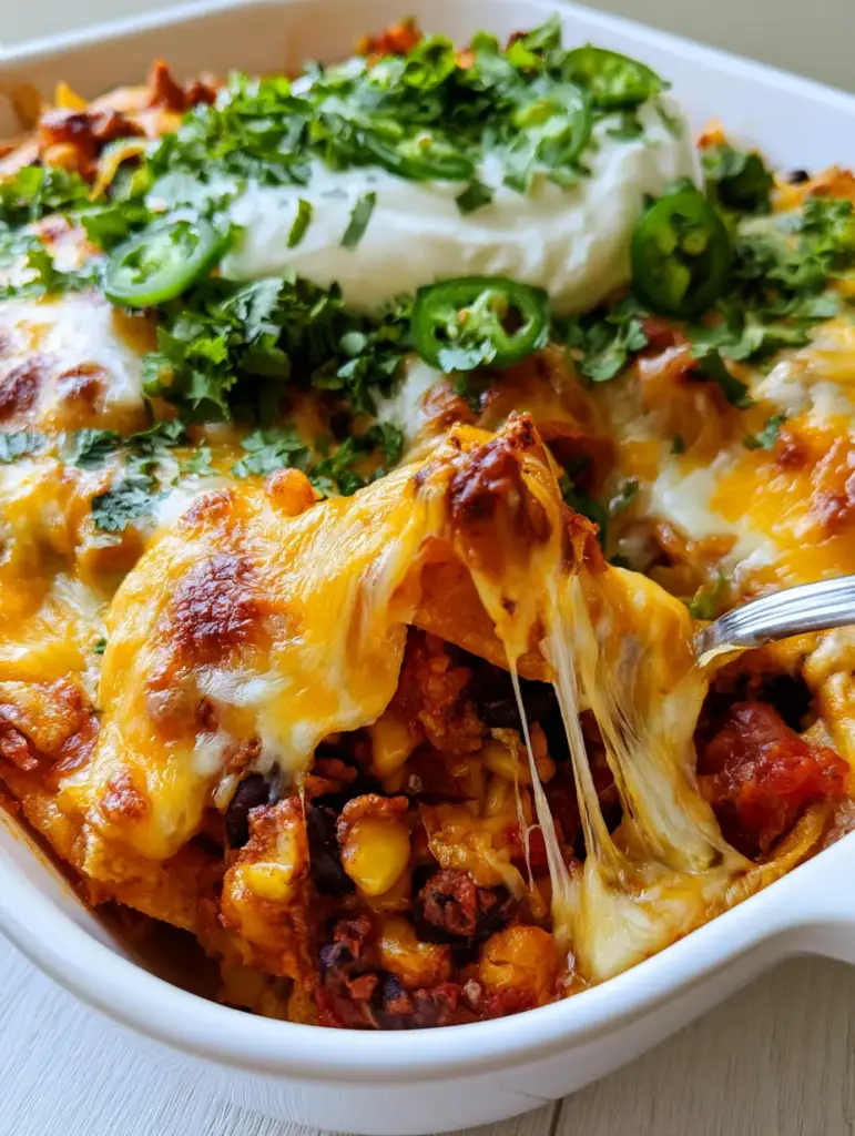 Vegetarian Taco Casserole with Melty Cheese and Crispy Tortillas 1 A top-down view of a Vegetarian Taco Casserole garnished with cilantro, jalapeños, and sour cream.