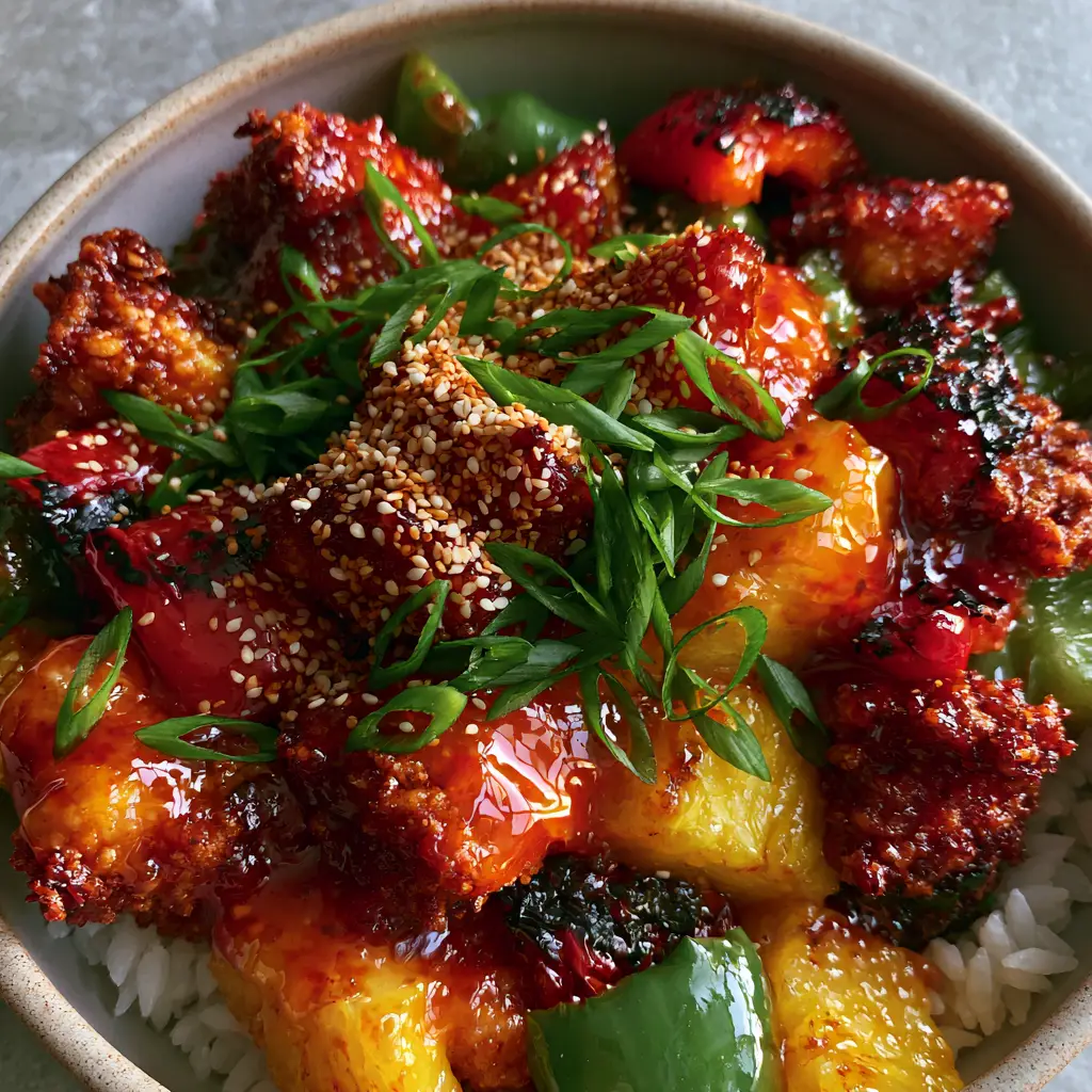 Sweet and Sour Chicken Recipe: The Secret to a Glossy, Craggy Crunch 2 Close-up of golden-brown craggy chicken coated in vibrant red-orange sweet and sour sauce. (sweet and sour chicken recipe)